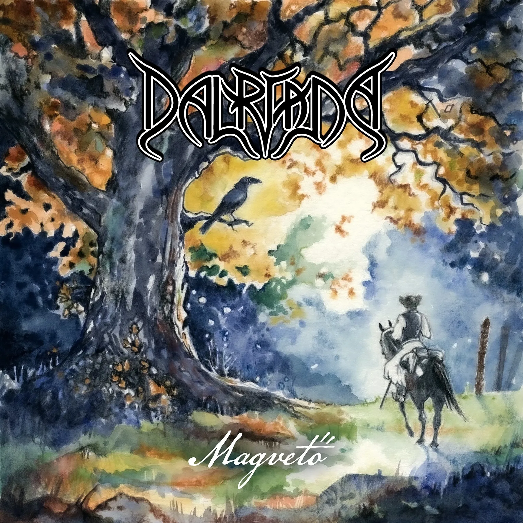Copertina di Magvető album dei Dalriada. Raffigura un albero, un corvo su un ramo ed un uomo a cavallo. In alto il nome della band ed in basso il titolo del disco