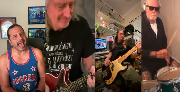 Queen: Brian May, Roger Taylor, Jeff Scott Soto e Kuky Sanchez nella versione casalinga di ‘We Are the Champions’